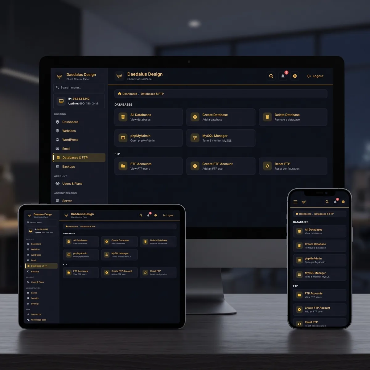 CyberPanel Databases and FTP page with database, phpMyAdmin and FTP account tools on desktop, tablet and smartphone
