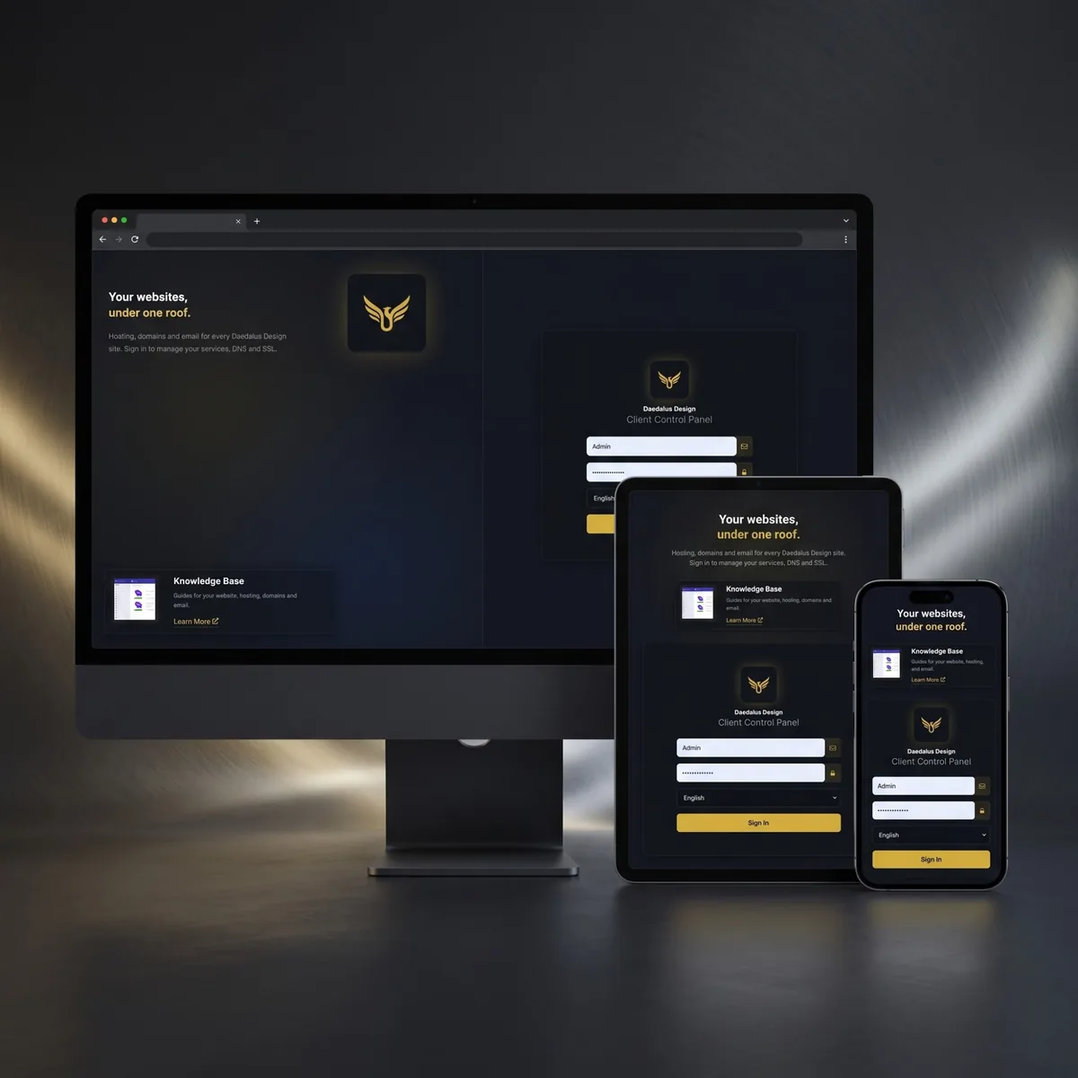 Daedalus Design Client Control Panel sign-in page on desktop monitor, tablet and smartphone