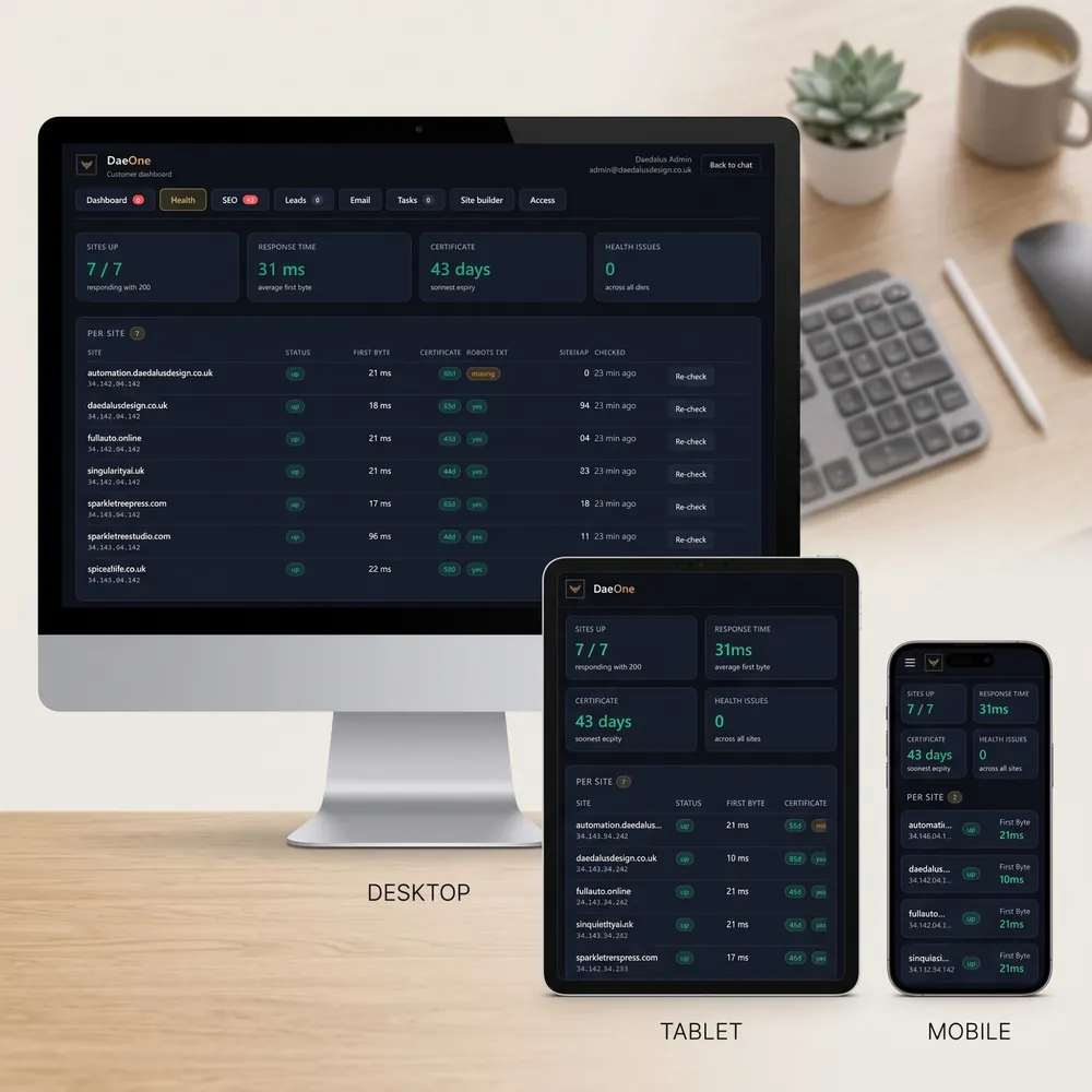 DaeOne health panel listing each site's status, response time and certificate expiry on desktop, tablet and phone