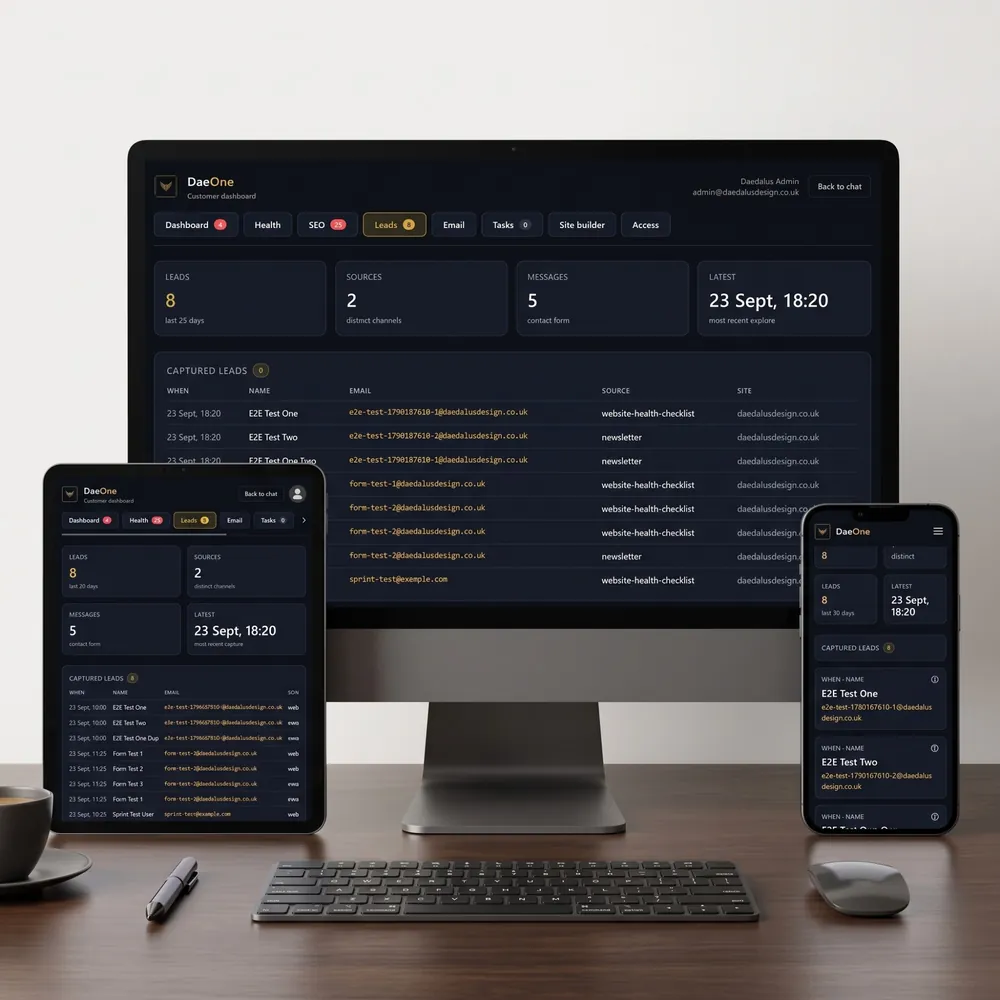 DaeOne leads panel listing captured enquiries by source and site on desktop, tablet and phone