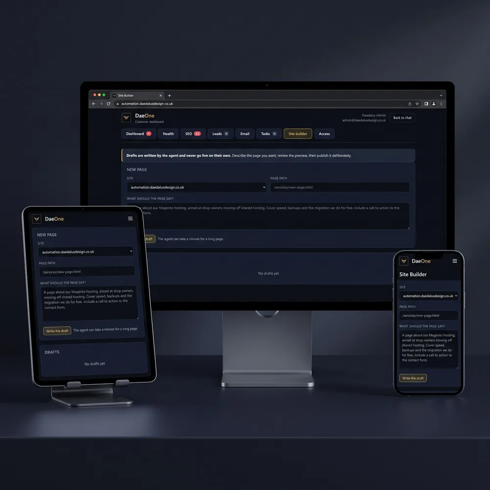 DaeOne site builder form for describing a new page on desktop, tablet and phone