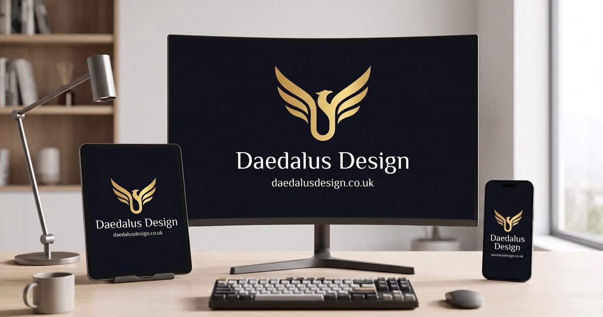Daedalus Design logo on desktop, tablet and phone screens