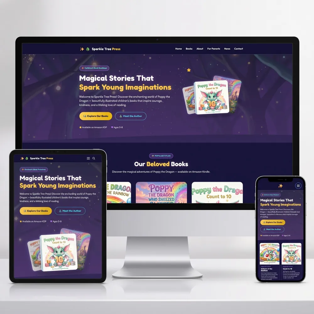 Sparkle Tree Press homepage on desktop, tablet and mobile
