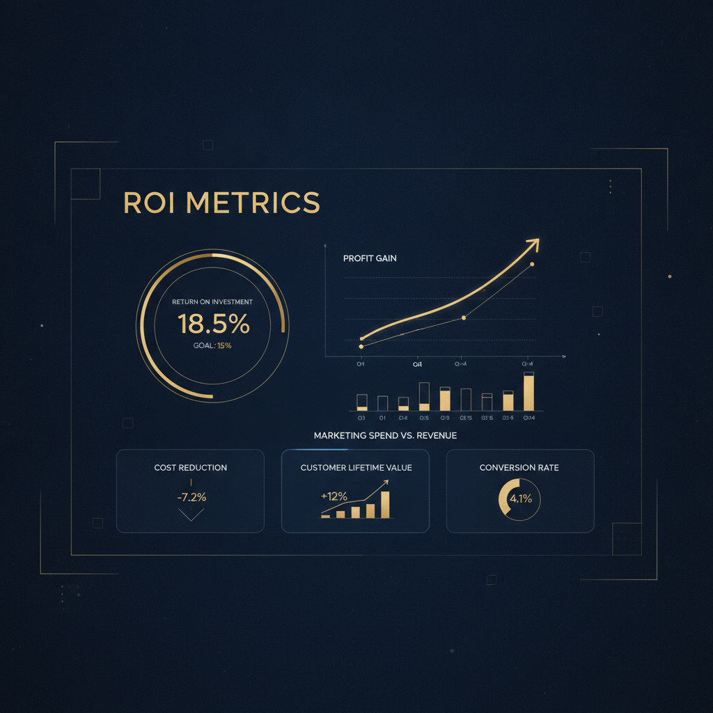 Business dashboard showing AI performance metrics and ROI data