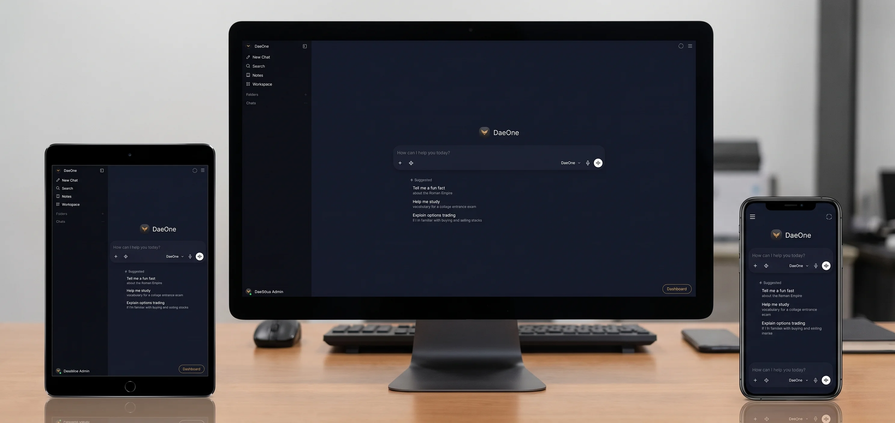 The DaeOne AI chat open on a desktop monitor, a tablet and a phone, each showing the same conversation screen