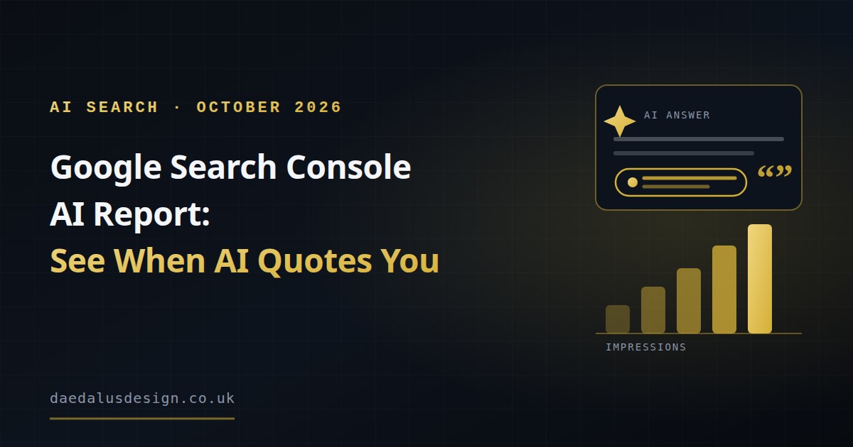 A Search Console performance panel with a gold spark line, beside an AI answer card that cites one page as a source