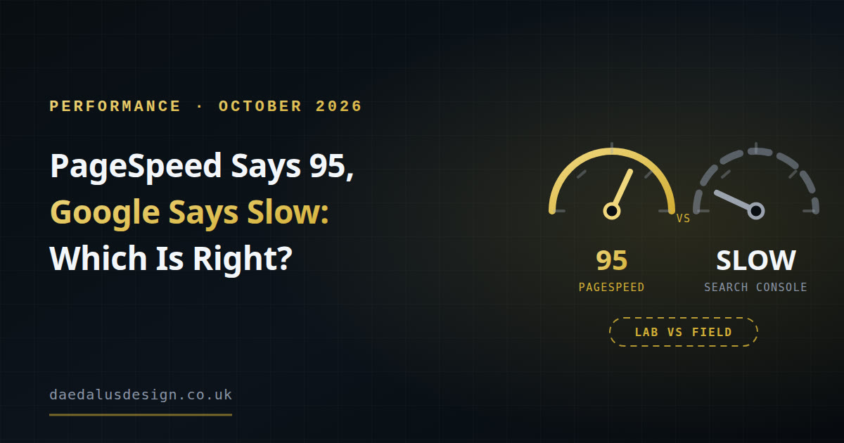 A gold speed dial reading 95 beside a slow-moving warning bar, showing two Google speed reports disagreeing